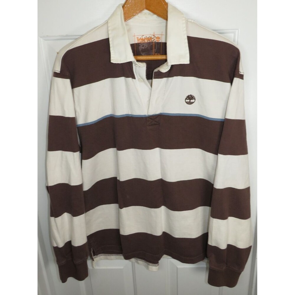 Timberland Rugby L/S Shirt White Collar Brown Striped Y2K Size XL *Read*